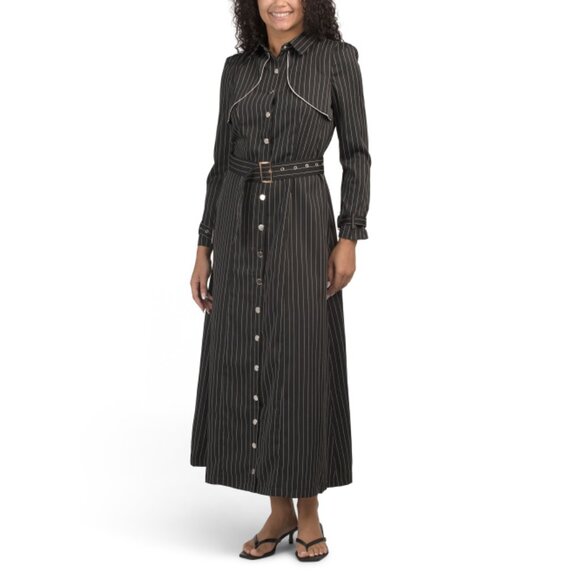 DALIA MACPHEE Black Pinstripe Long Sleeve Maxi Dress With Belt - Picture 1 of 2